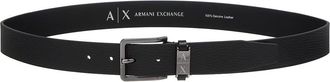 A|X Armani Exchange Mens Monocolor, Silver Buckle, Mini Logo Plate Tongue Belt, Black, 115 cm