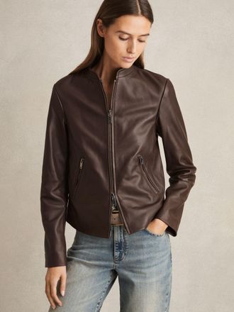 Reiss Chocolate Brown Leather Collarless Biker Jacket, 14