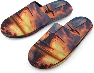 Generic Beautiful Dutch Windmill at Sunset Mens Flannel Slipper Soft Comfy House Shoes Non Slip Winter Warm Indoor Outdoor Slippers