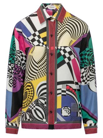 Versace Multi Silk Geometric Print Long-Sleeve Shirt