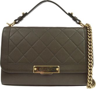 Chanel Label Click Flap Quilted Calfskin Green Leather Handbag (Pre-Owned)