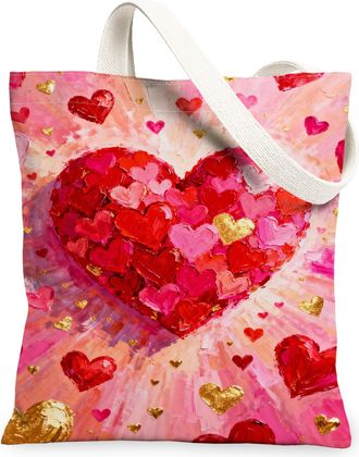 Generic Heart Canvas Tote Bags, Colorful Love Design Reusable Grocery Bags, Lightweight Washable Shoulder Strap for Outdoor Travel, Peach, 13x15 Inch