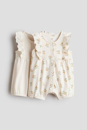 H&M 2-pack Frill-detail Romper Suits in Cream/floral at Nordstrom, Size Newborn