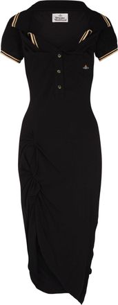 Vivienne Westwood Fitted Black Ruched Midi Dress with Contrasting Stripes