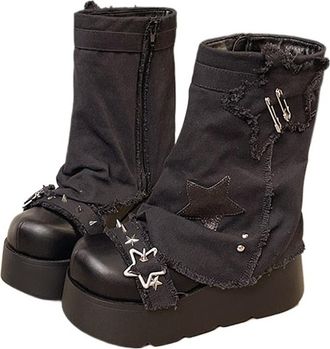 Generic Thick Soled Height Increasing Subculture Y2k Spicy Girl Gothic Punk Retro Lolita Star Cowboy Pile Boots(US7)