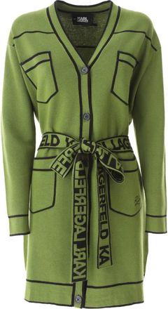 Karl Lagerfeld Gebreid vest met ceintuur en contrasterende bies - Dames - Vesten - Groen - XS - Katoen - Truien & Vesten