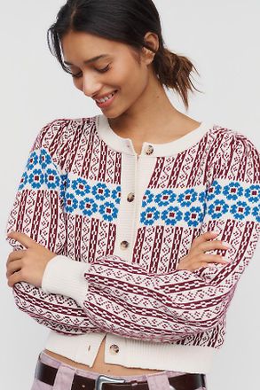 Maeve Cotton Wool Cropped Puff-Sleeve Cardigan