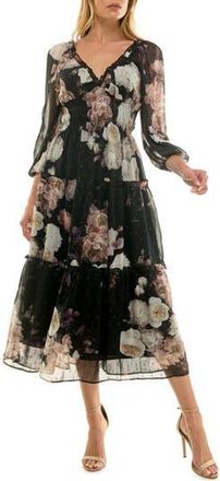 Socialite Floral Balloon Sleeve Tiered Midi Dress in Black Mve Grey at Nordstrom Rack, Size X-Small
