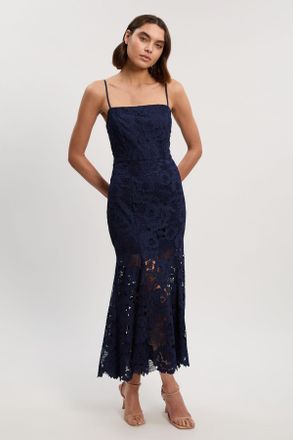 Karen Millen Womens Guipure Lace Woven Bardot Midi Dress - Navy - Size 16 UK