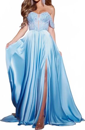 Jovani Off Shoulder Beads Embellished Prom Gown In Blue