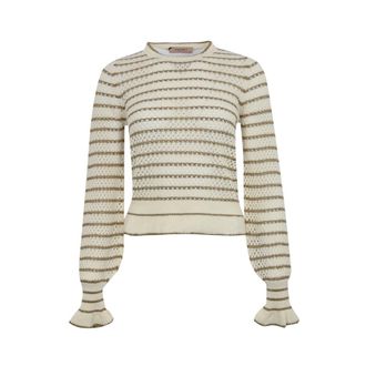 Twinset Mesh Trui met Lurex Strepen - Dames - Ronde hals truien - Beige - XS - Katoen - Truien & Vesten