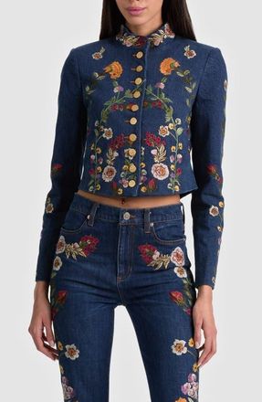 Alice & Olivia Emerson Floral Embroidery Denim Jacket in Catherine Dark Multi at Nordstrom, Size Medium