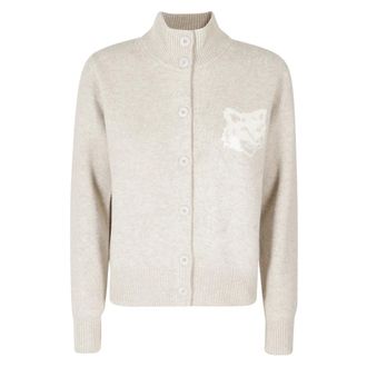 Maison Kitsun&eacute; Fox Head Intarsia Merino Cardigan met hoge hals - Dames - Truien - Beige - Maat: M Wol