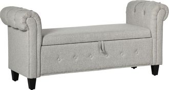 HOMCOM Homcom - banco de almacenamiento puff de almacenaje tapizado en lino con tapa de bisagras patas de madera y reposabrazos enrollados 146,5x49x74,5 cm