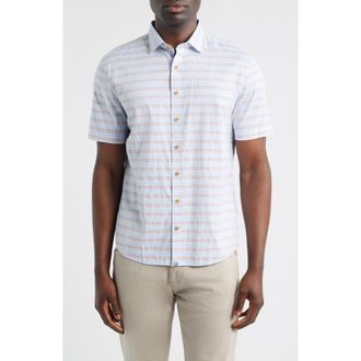 Johnnie-O Leander Stripe Short Sleeve Button-Up Shirt in Gulf Blue at Nordstrom, Size Xx-Large