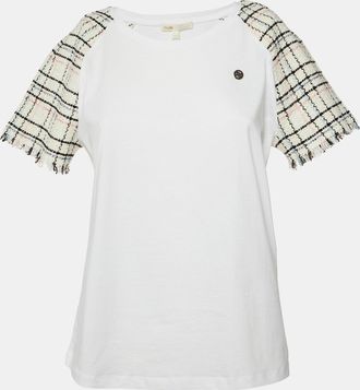 Maje White Cotton Tweed Sleeved Crew Neck T-Shirt