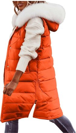 Generic Womens Gilets Quilted Gilet for Women Plus Size Longline Sleeveless Vest Puffer Jackets Waistcoats Warm Thick Zip Hooded with Detachable Faux Fur Coll