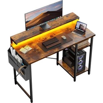 OEM Escritorio Inform&aacute;tico - Ecofurnix - 100 X 48 Cm - Modelo De Dos Niveles - Iluminaci&oacute;n Led - Altura Ajustable - Marr&oacute;n