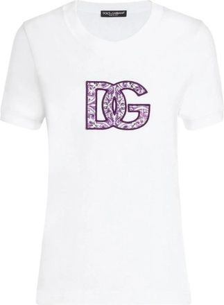 Dolce & Gabbana Ornate DG Logo Katoenen T-Shirt - Dames - T-shirts - Wit - S - Katoen - Tops