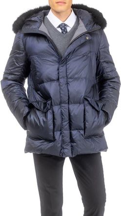 Gorski Mens Apres-Ski Jacket with Detachable Genuine Shearling Hood Trim in Navy/black at Nordstrom, Size Xx-Large