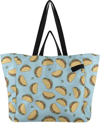 Generic Mexican Food Tacos Blue print Reusable Canvas Tote Bag, Heavy Duty Grocery Shopping Bag with Large Capacity Hard Bottom Double Handles Work Groceries 