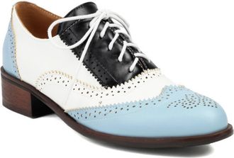 Generic Womens Lace-Up Wingtip Oxford Shoes Multi-Color Panel Perforated Detail Chunky Block Heel Round Toe Lightweight Comfortable Shoes for Fashion Casual,B