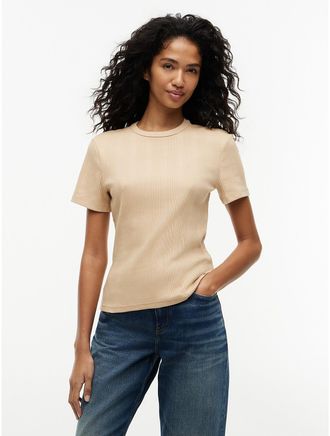 Tommy Hilfiger Womens Lightweight Rib-Knit T-Shirt - Beige - XXL