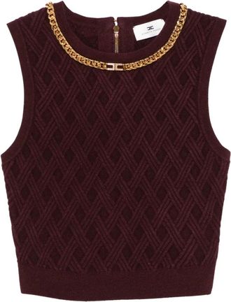 Elisabetta Franchi Tops, Dames, Rood, S, Polyester, Top van gebreide stof met diamantpatroon en juweeldetails