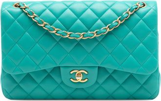 Chanel Pre-owned Womens Jumbo Classic Lambskin Double Flap - Teal Leather - One Size