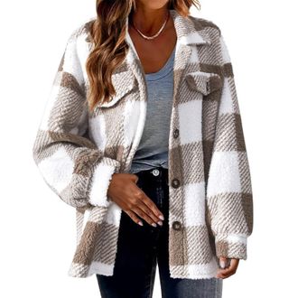 Generic Womens Fleece Jacket Fashion Button Down Womens Casual Plaid Jackets Turndown Collar Long Sleeve Checkered Winter Warm Jackets With Pockets