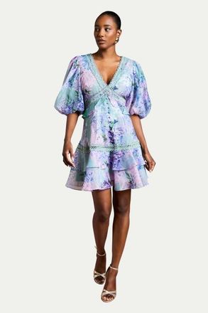 Coast Lace Trim Puff Sleeve Organza Mini Dress in Sage at Nordstrom, Size 10