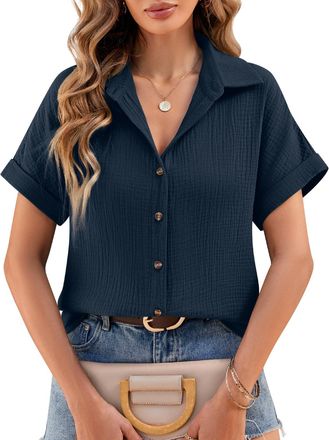 Heekpek Lonya Womens Blouses Summer Chiffon Blouses V Neck Ladies Tops Short Sleeve Button Down Cotton Shirts Solid Color Loose Fit Casual Elegant Tee Shirts,