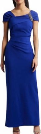 Alex Evenings Rhinestone Cap Sleeve Gown In Royal Blue
