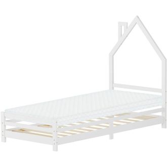 ML Design Ml-design - Letto per Bambini 90x200 cm in Legno di Pino Bianco con Testiera a Forma di Casetta, Materasso 10 cm e Rete a Doghe, Letto Singolo Basso