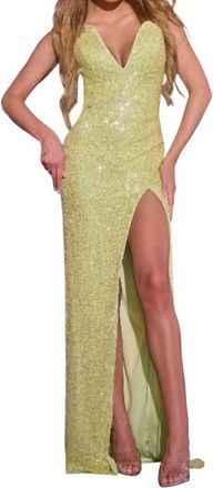 Jovani Sparkling Strapless Gown With Deep V Neck In Pale Green