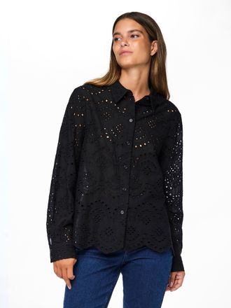 Pieces Spitzenbluse PIECES PCVILDE LS SHIRT WVN NOOS, Damen, Gr. XS, schwarz, Web, Obermaterial: 100% Baumwolle, unifarben, regular fit normal, Blusen Spitze