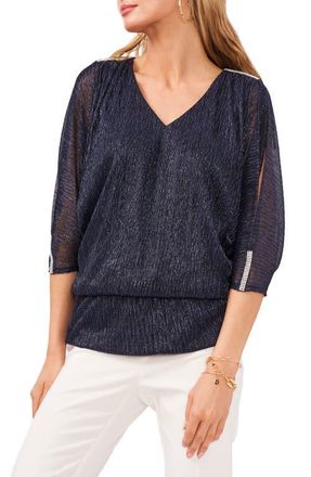 Chaus Metallic V-Neck Blouse in Navy at Nordstrom, Size X-Large