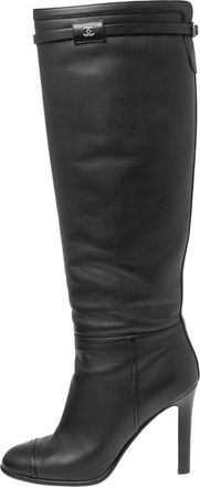 Chanel Black Leather CC Heeled Knee High Boots Size 36.5