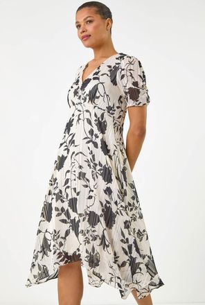 Roman Floral Print Hanky Hem Midi Dress
