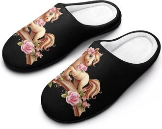 Generic Wooden Horse Womens Slippers Warm House Slippers Indoor House Shoes with Anti-Skid Rubber Sole