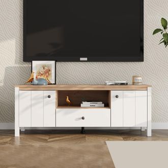 Dmora Mobile Porta Tv Sampe, Un Cassetto, 2 Ripiani, 2 Ante, 143x40x53h Cm Bianco Opaco