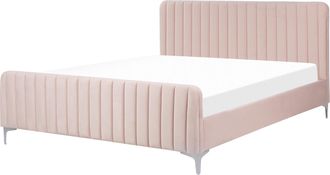 Beliani Cama Con Somier De Terciopelo Rosa Pastel 160 X 200 Cm Acolchado Patas Metal Lunan