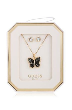 Guess Butterfly Pendant Necklace & Stud Earrings Set in Gold/black at Nordstrom Rack