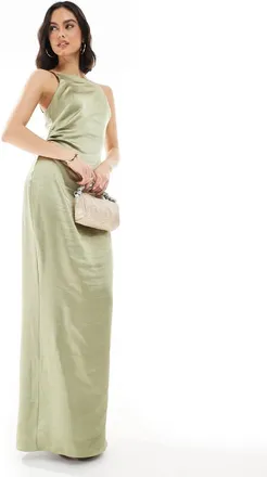 Pretty Lavish Bridesmaid satin boat neck maxi dress in olive-Green