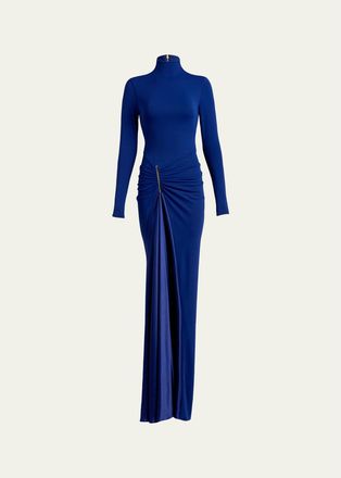 Silvia Tcherassi Lena Mock-Neck Ruched Jersey Slit Maxi Dress