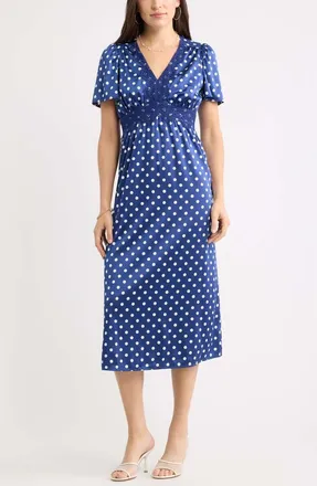 Chelsea28 Puff Sleeve Midi Dress in Navy- Ivory Sharon Dot at Nordstrom, Size Xx-Small