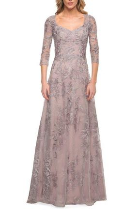 La Femme Floral Embroidered Mesh A-Line Gown in Silver/pink at Nordstrom, Size 14