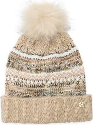 Ted Baker Fair Isle Beanie with Faux Fur Pompom in Beige at Nordstrom Rack