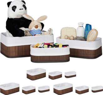 Relaxdays Relaxdays Cajas De Almacenaje, Set De 12, Funda Textil, Rectangular, Accesorio, Ba&uacute;les, Bamb&uacute;, Marr&oacute;n