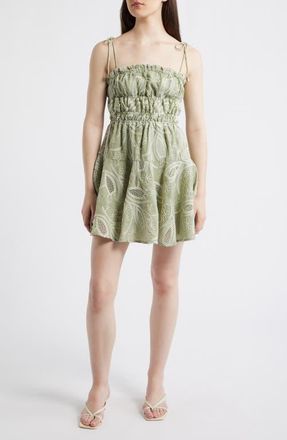 Moon River Embroidered Shirred Fit & Flare Minidress in Olive at Nordstrom, Size X-Small